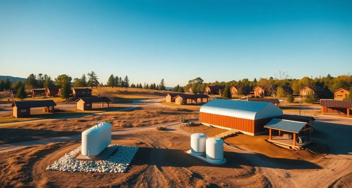 Summer camp septic system infrastructure Aerial view of a septic system serving a summer camp facility with multiple cabins and retreat center buildings during pre-season inspection.