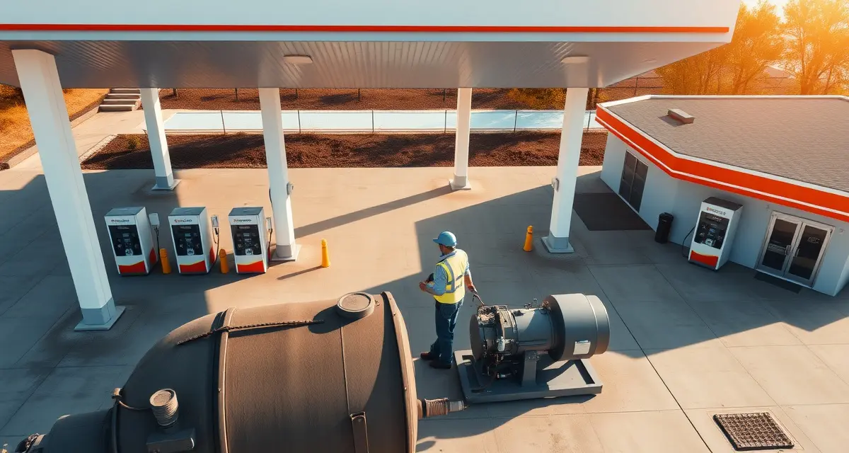 High-volume truck stop septic service management Septic system maintenance technician servicing a truck stop wastewater facility with professional equipment and infrastructure visible