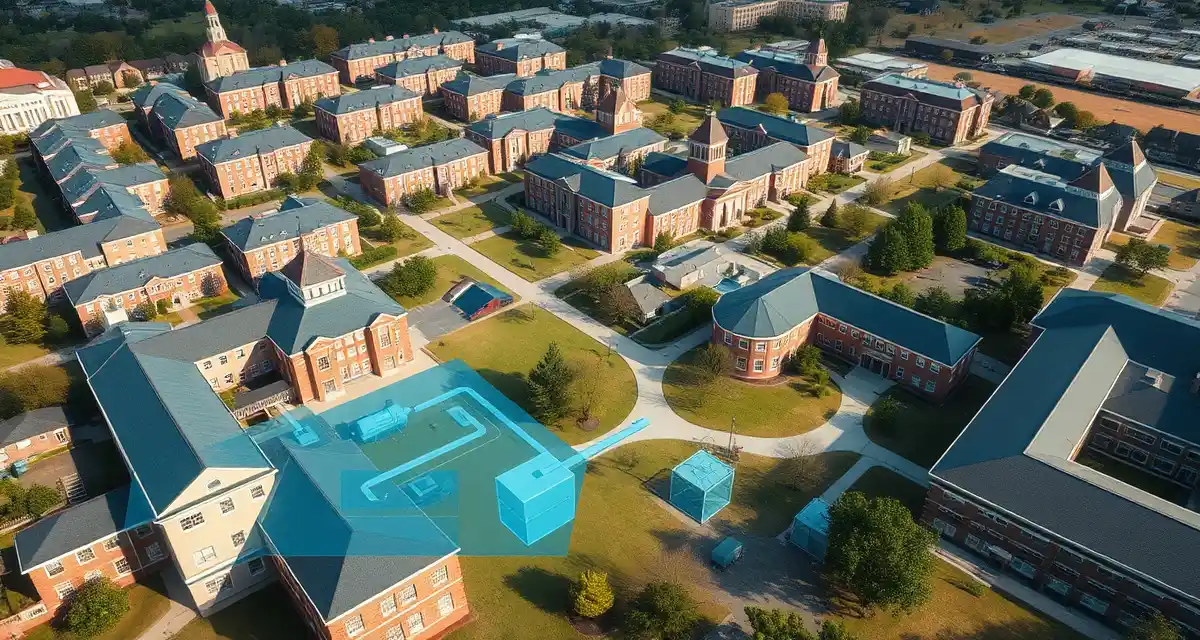 College campus septic infrastructure planning University campus septic system infrastructure management diagram showing multiple facilities and service scheduling