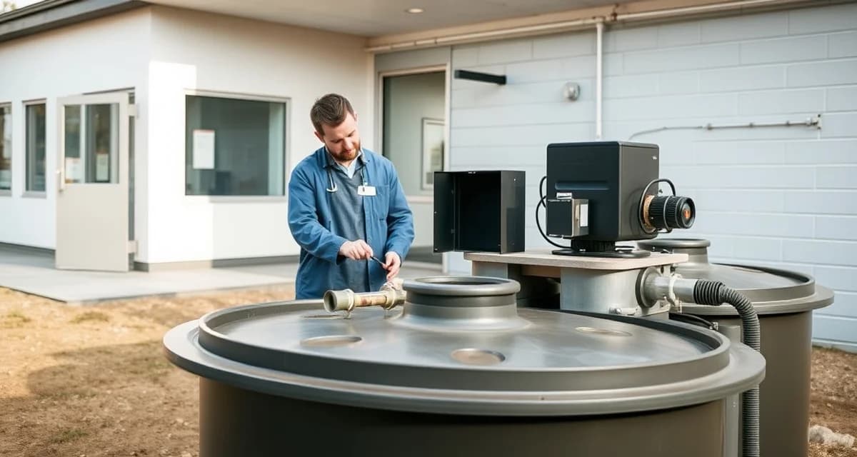 Septic inspection for veterinary facilities Professional septic system inspection technician servicing a veterinary clinic's onsite wastewater treatment system with specialized equipment