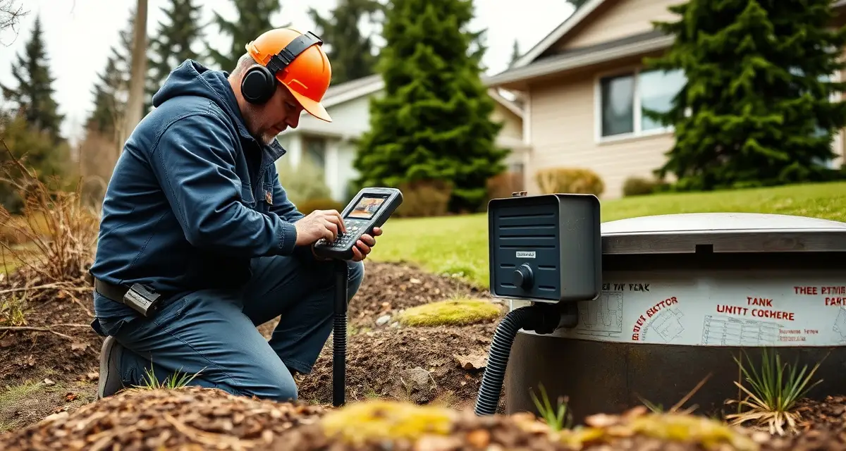 Septic service inspection software for Washington Professional septic system inspection being performed on a Washington state residential property using modern diagnostic equipment