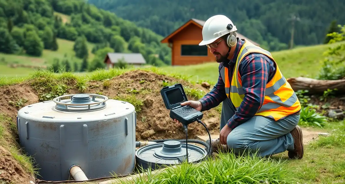 Professional septic system inspection in West Virginia Septic service technician performing system inspection and maintenance in West Virginia using professional diagnostic tools and equipment