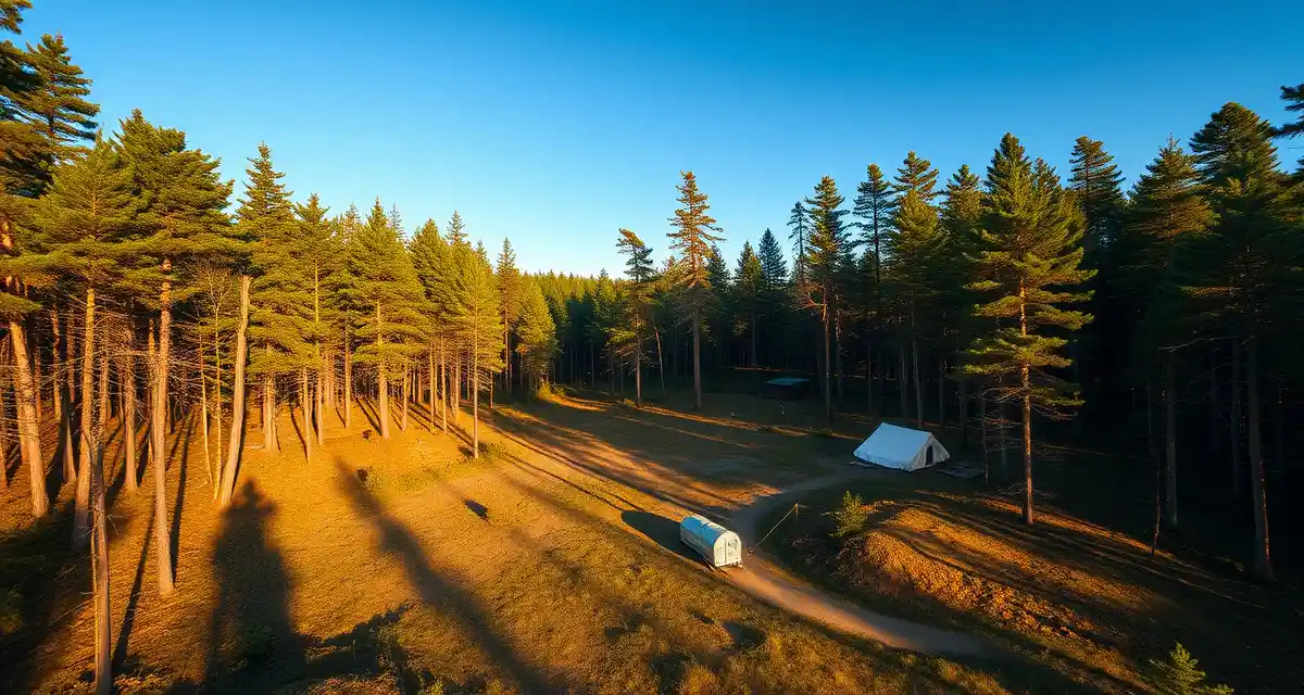 Professional septic management for remote wilderness camps Aerial view of wilderness camp septic system infrastructure in remote forest setting with environmental compliance features