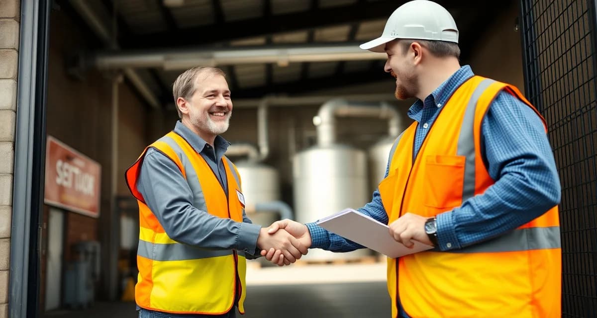 Commercial septic service agreement negotiation Business professional and septic technician discussing commercial septic service contract at industrial facility