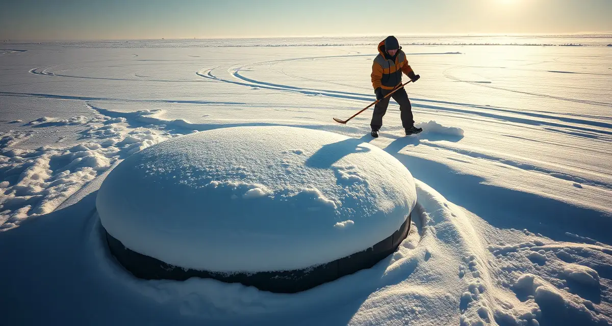 Winter septic tank access and maintenance Septic technician clearing snow from frozen tank lid during winter maintenance service in cold climate