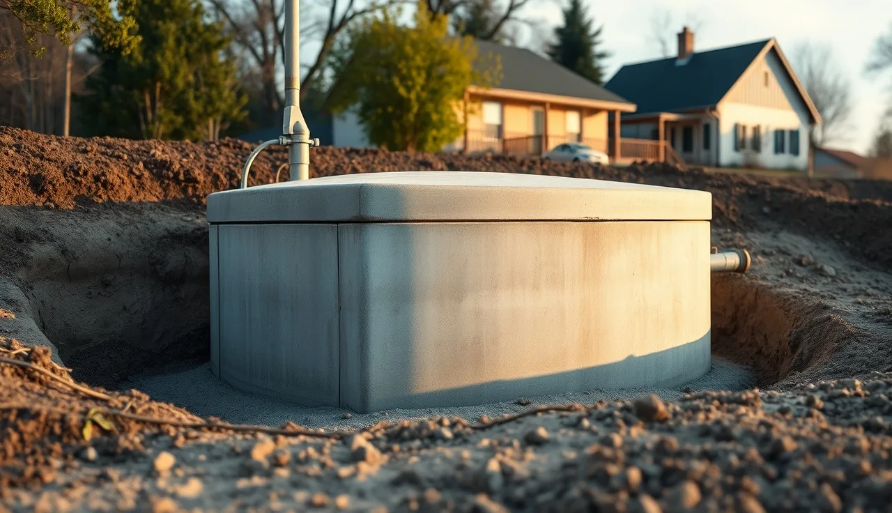 A large concrete 1000-gallon septic tank lowered into a residential excavation site