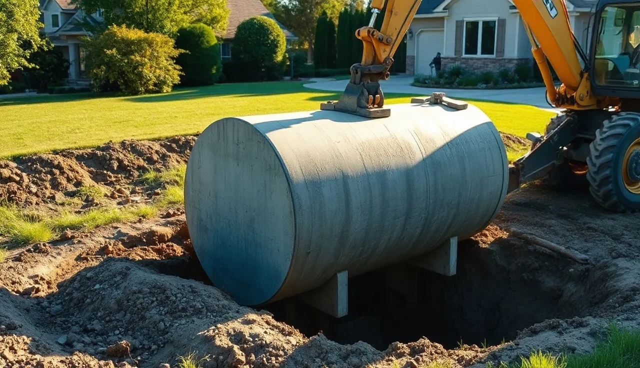 Concrete 1000-gallon septic tank lowered into excavated pit at residential property