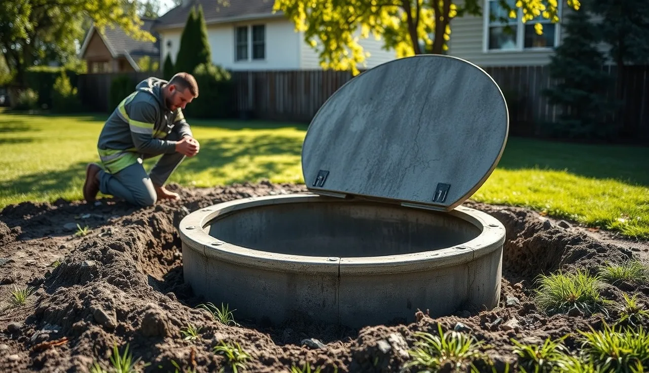 Technician opening a residential 1500 gallon concrete septic tank lid in a backyard
