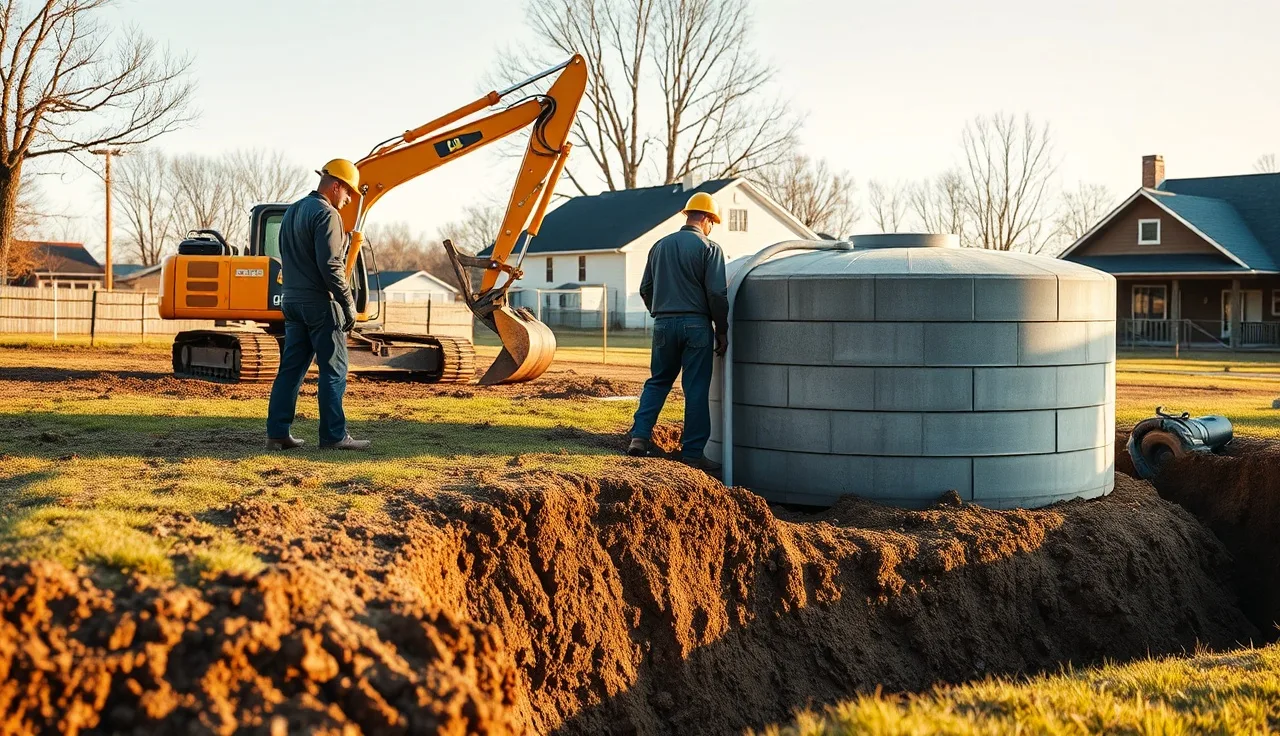 Two workers lowering a concrete septic tank into a trench on a rural residential lot