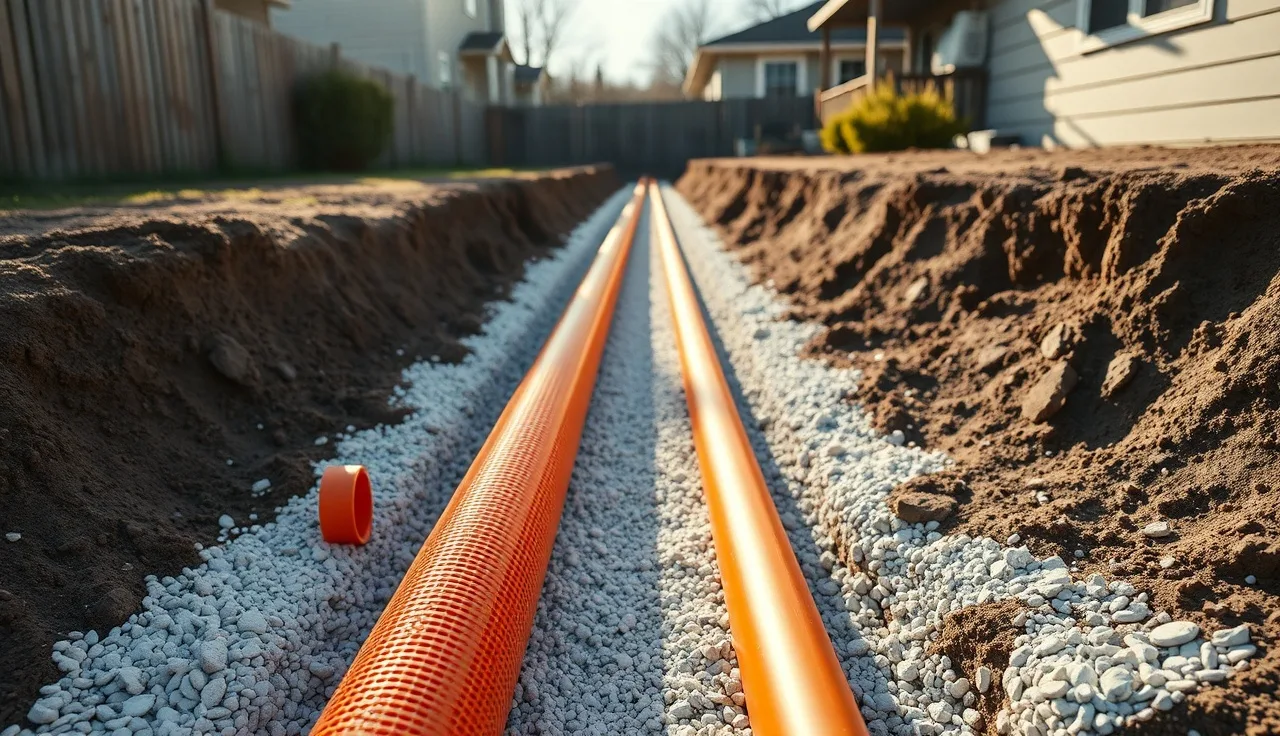 Open leach field trench with 4 inch perforated PVC pipe on gravel bed