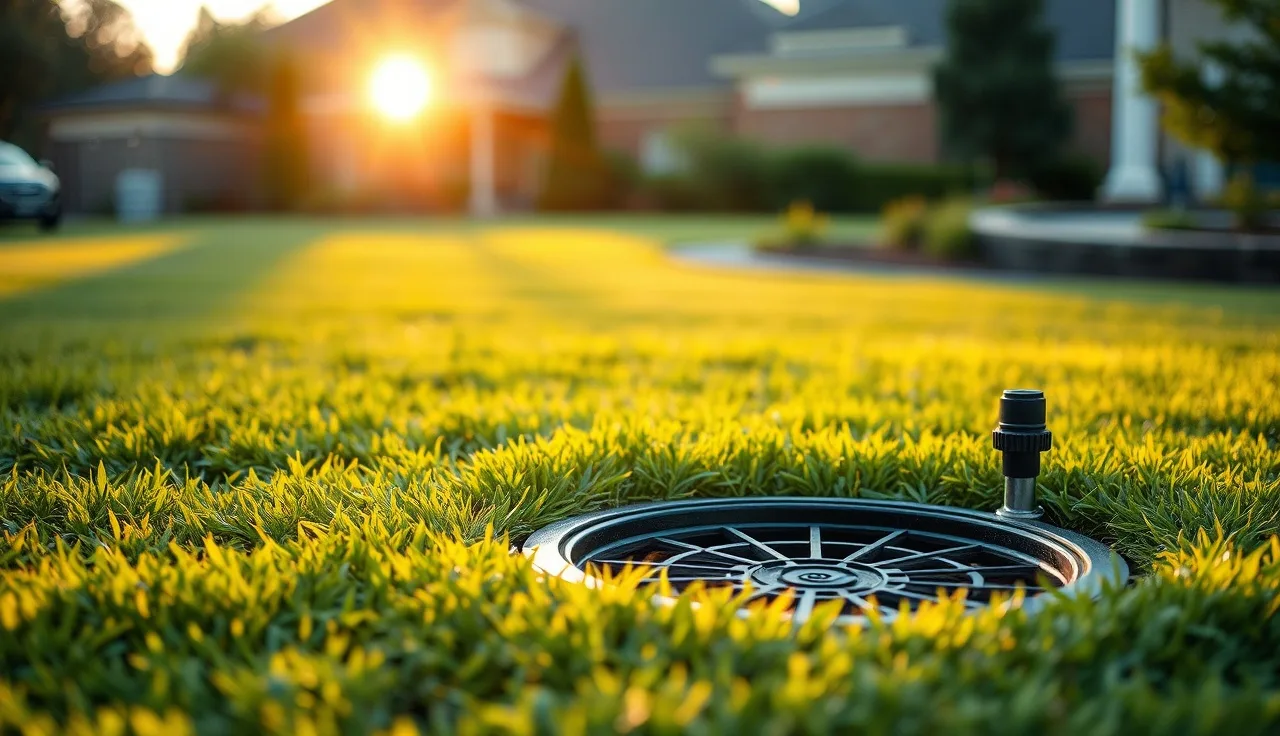 Aerobic septic system access lid and spray head in a residential lawn