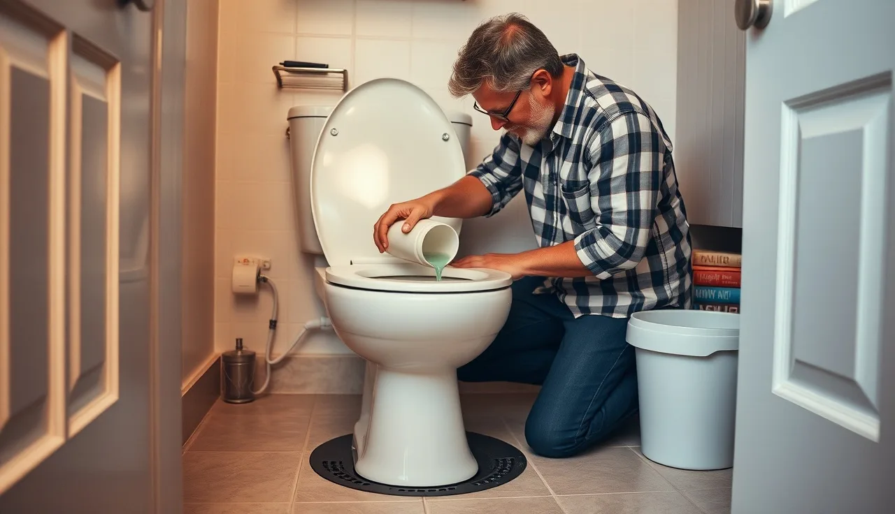 Homeowner pouring 64 oz septic tank treatment into toilet bowl