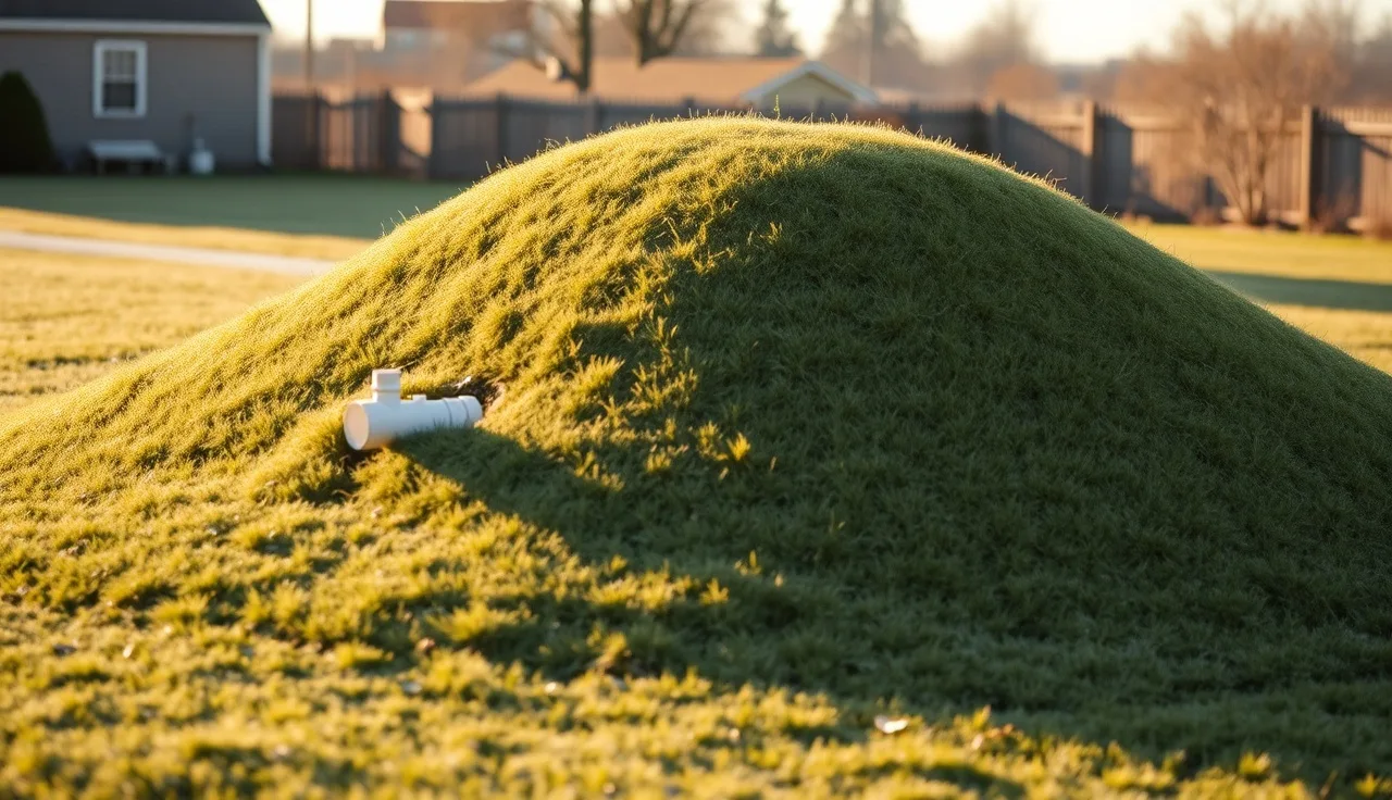 Grass-covered above ground septic mound drain field in a rural backyard at dawn