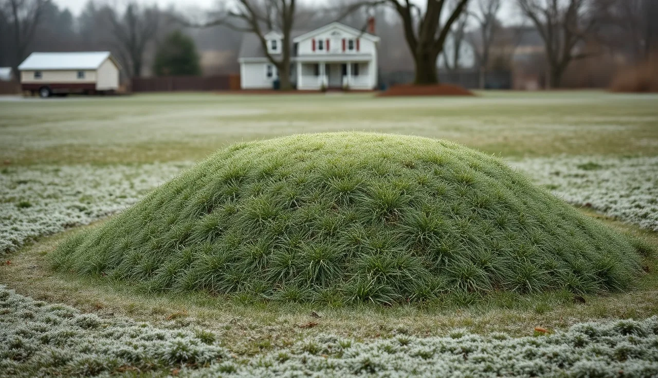 Grass-covered septic mound system in a rural backyard near a farmhouse