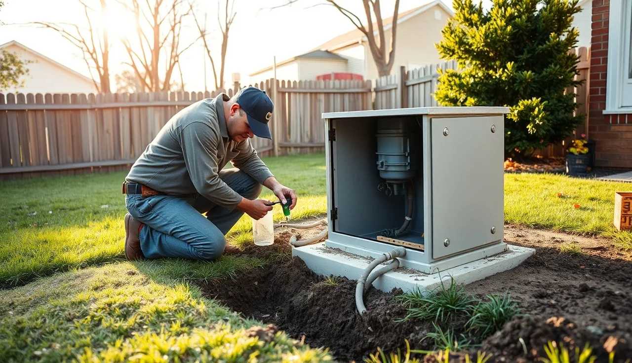 Septic technician inspecting a drain field distribution box in a backyard