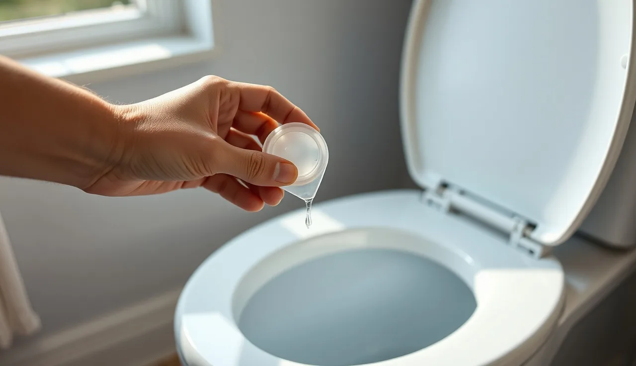 Hand holding a septic treatment pod above a toilet bowl in a sunlit bathroom