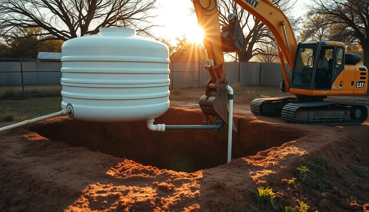 Aerobic treatment unit being installed in an excavated pit on a rural property
