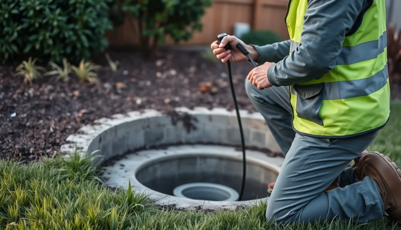 Septic inspector with camera cable beside open tank access port in backyard