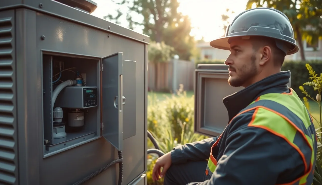 Technician inspecting an advanced aerobic septic treatment unit in a backyard