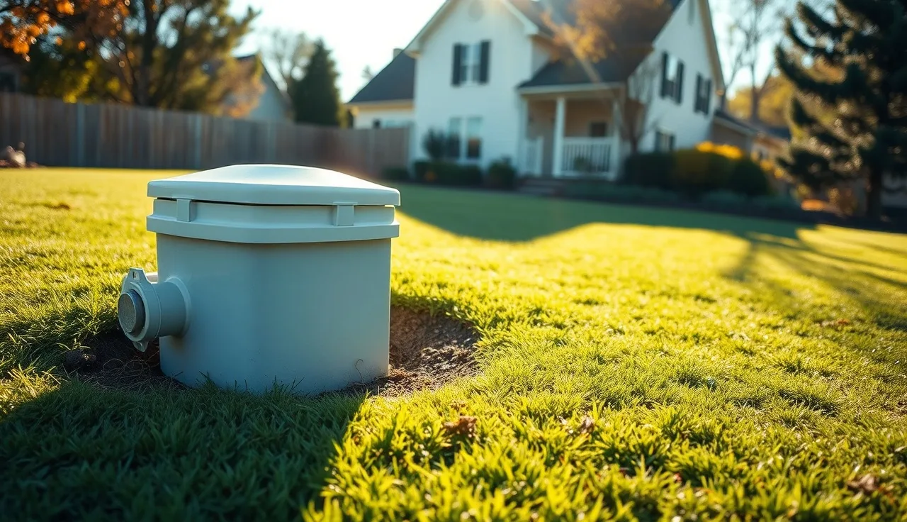 AdvanTex septic system control panel and access riser in a backyard lawn