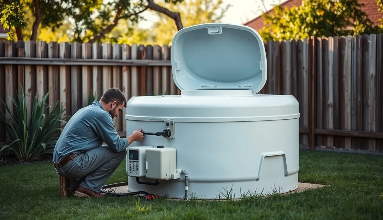 Technician inspecting open aerobic treatment unit tank in backyard