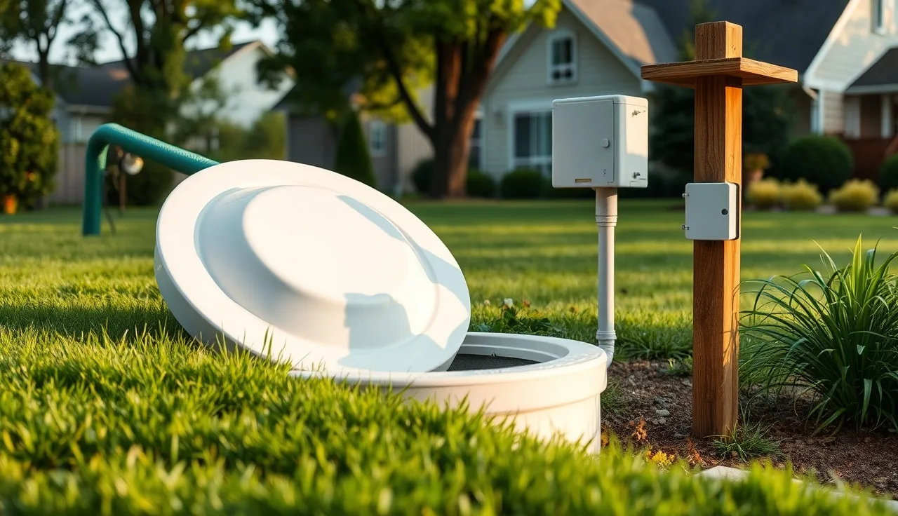 Aerobic septic system control panel and tank lid in a residential backyard