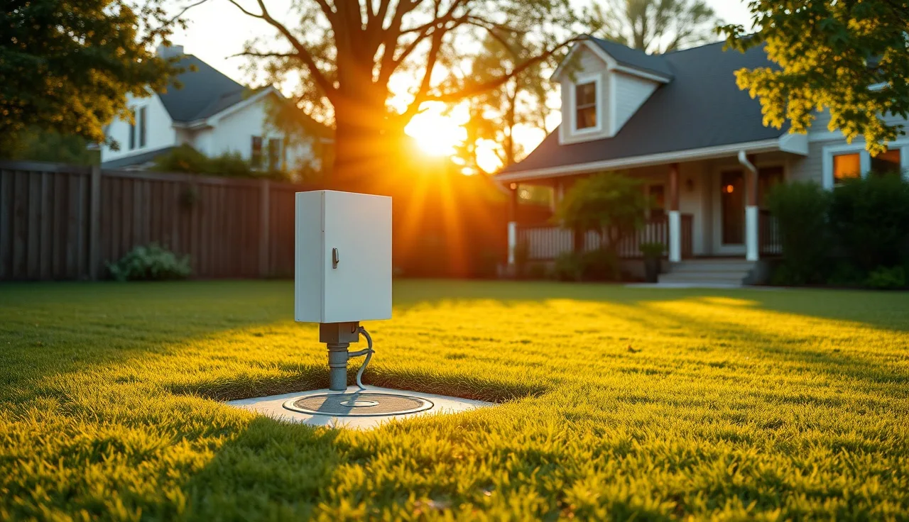 Aerobic septic system control panel and access riser in a residential backyard