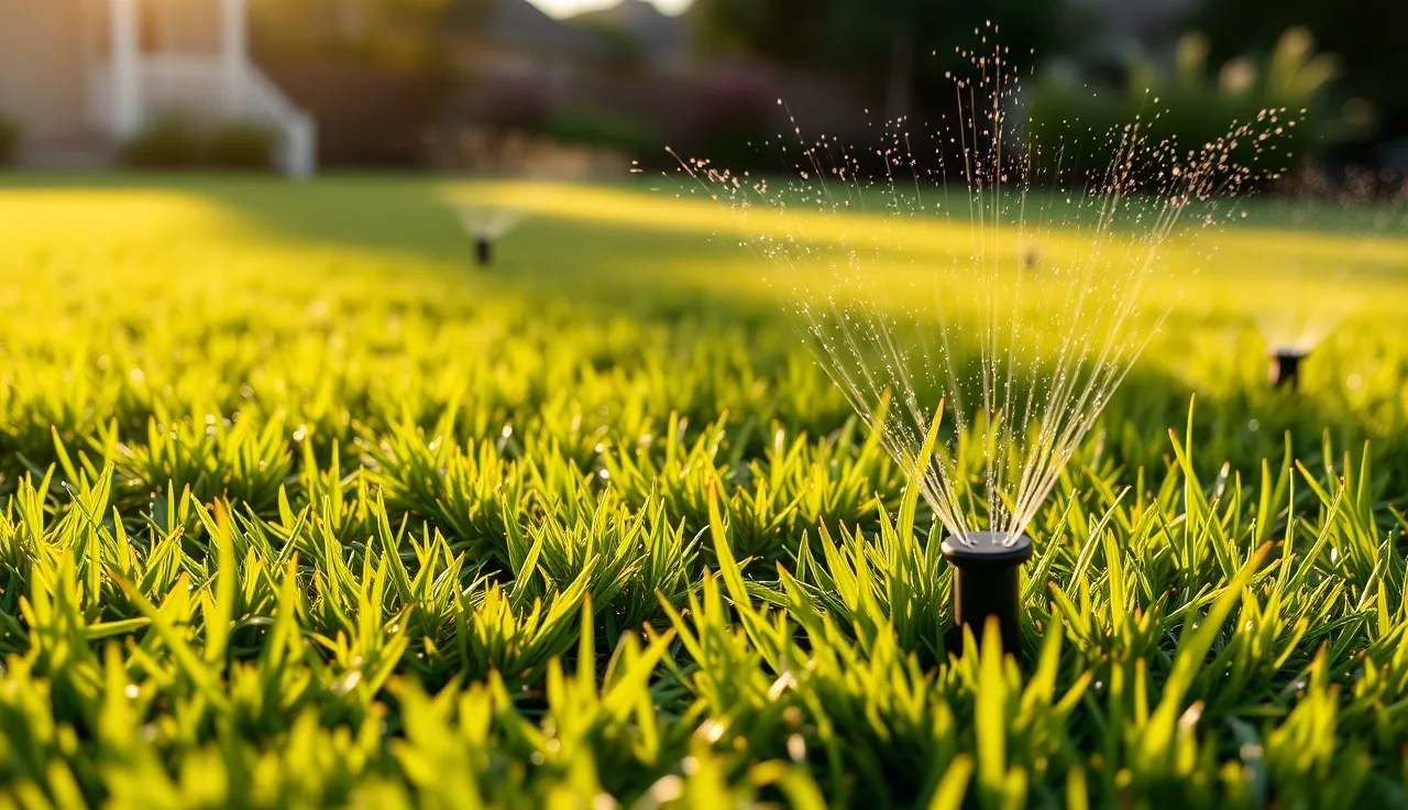 Spray irrigation heads in a suburban lawn connected to an aerobic septic system