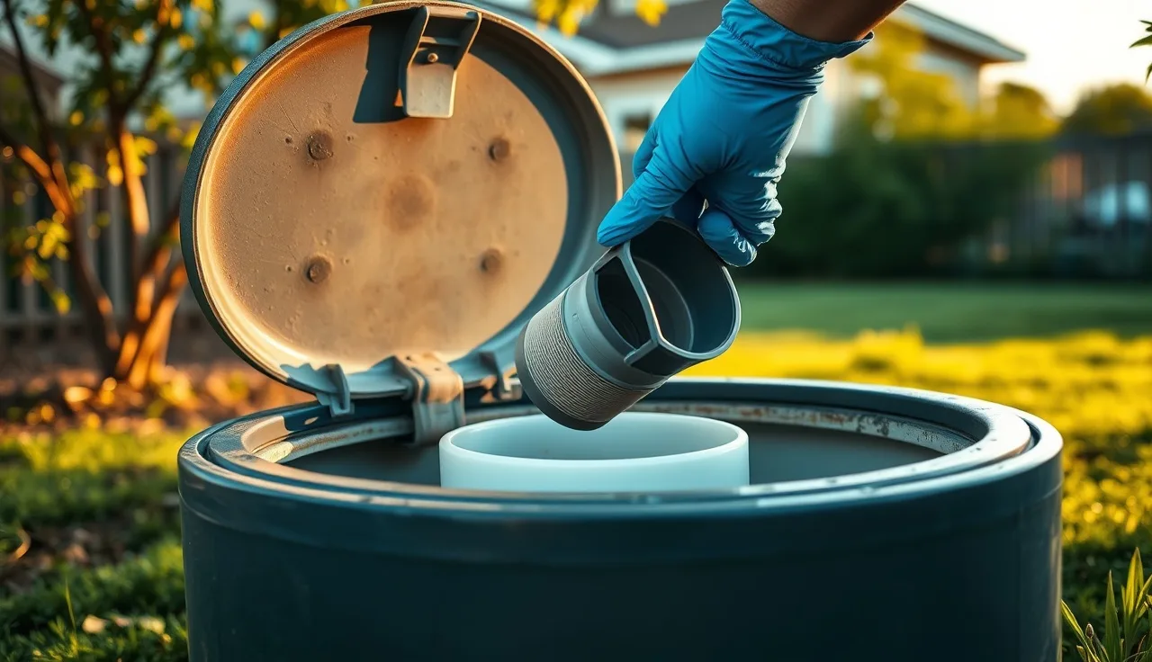 Gloved hand lifting a cylindrical effluent filter cartridge from an open septic tank access port