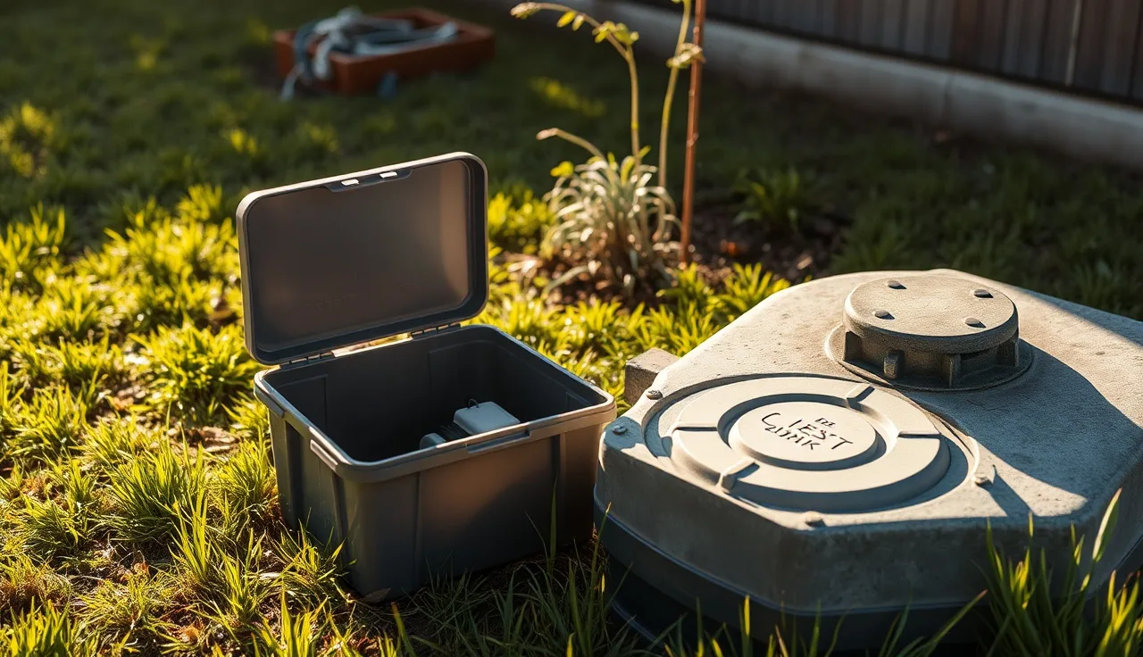 Open aerobic septic system compressor housing beside a tank lid in a backyard