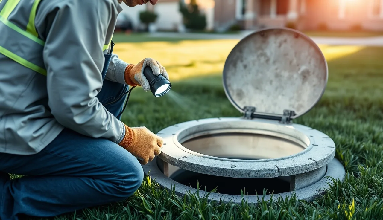 Technician inspecting an open aerobic septic system access lid in a backyard