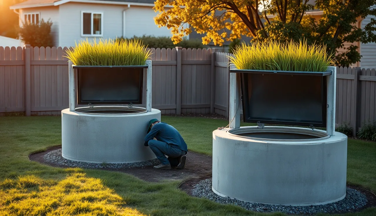 Service technician inspecting an open aerobic septic system riser in a residential backyard