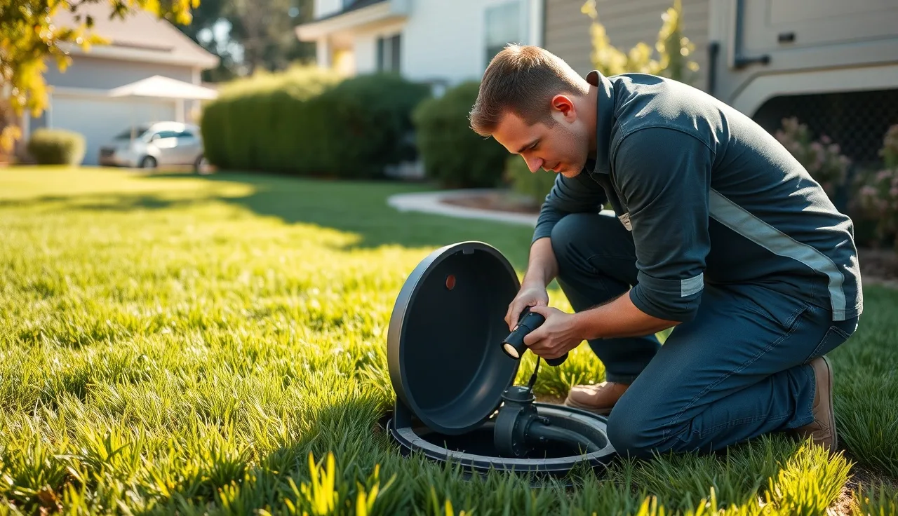 Technician inspecting an aerobic septic system chlorinator chamber in a backyard