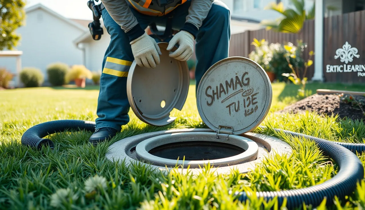 Septic technician opening an aerobic treatment unit access lid during cleaning service