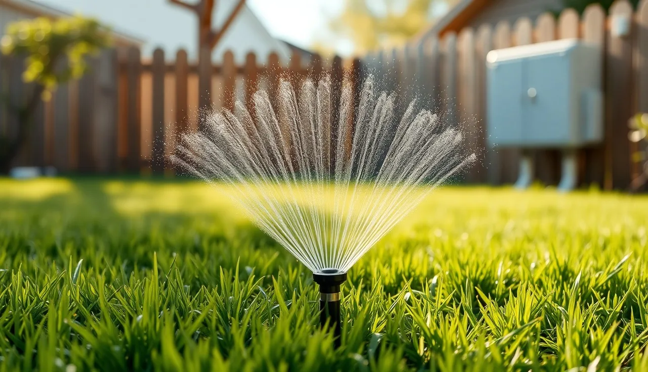 Aerobic septic spray head misting treated water over a green residential lawn