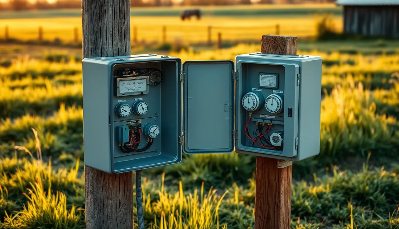Open aerobic septic system control panel box mounted on post in yard