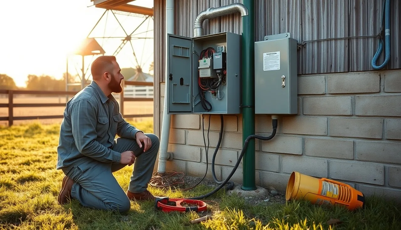 Electrician wiring an aerobic septic system control panel outdoors in a rural backyard
