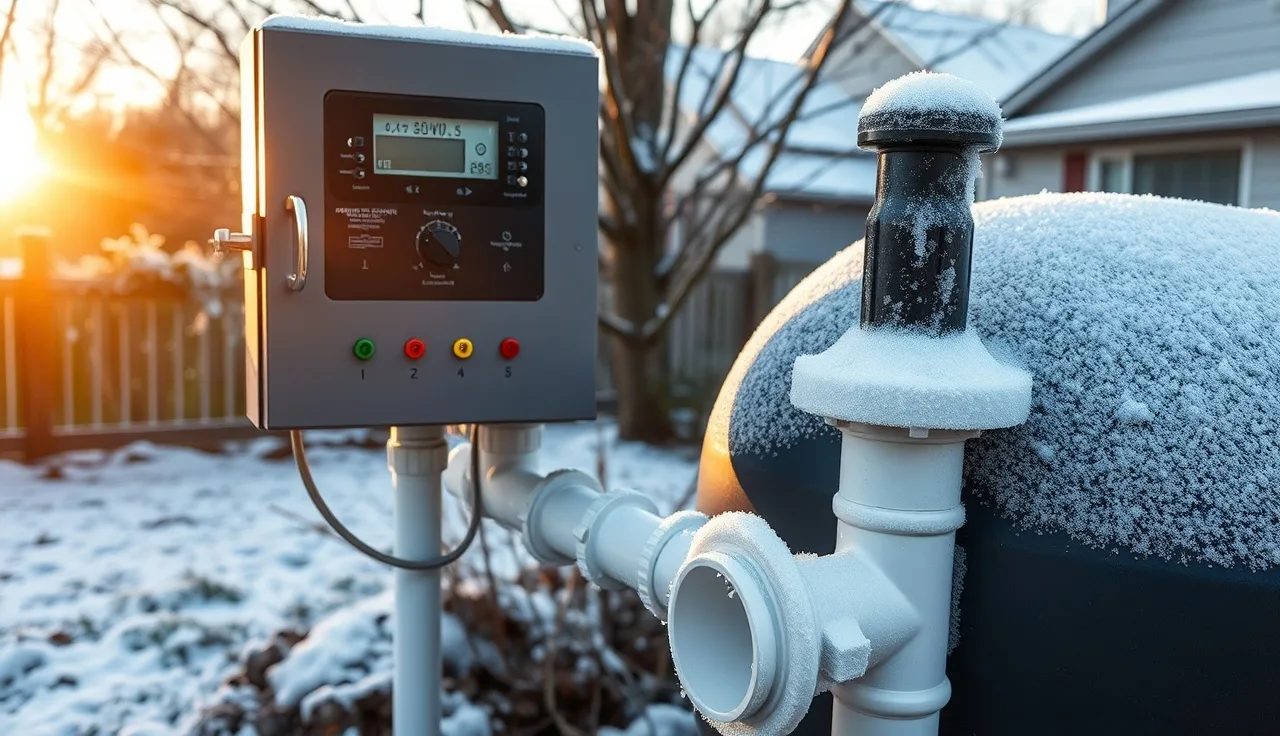 Frost-covered aerobic septic spray head and control panel on a freezing winter morning