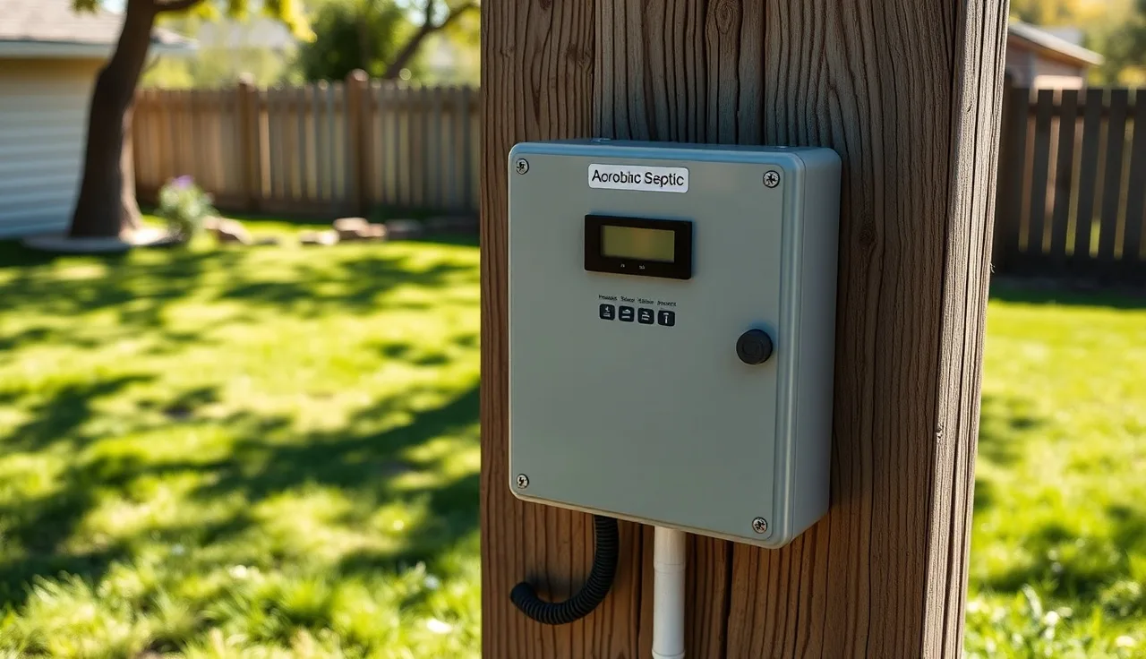 Aerobic septic system control panel mounted on post in residential backyard