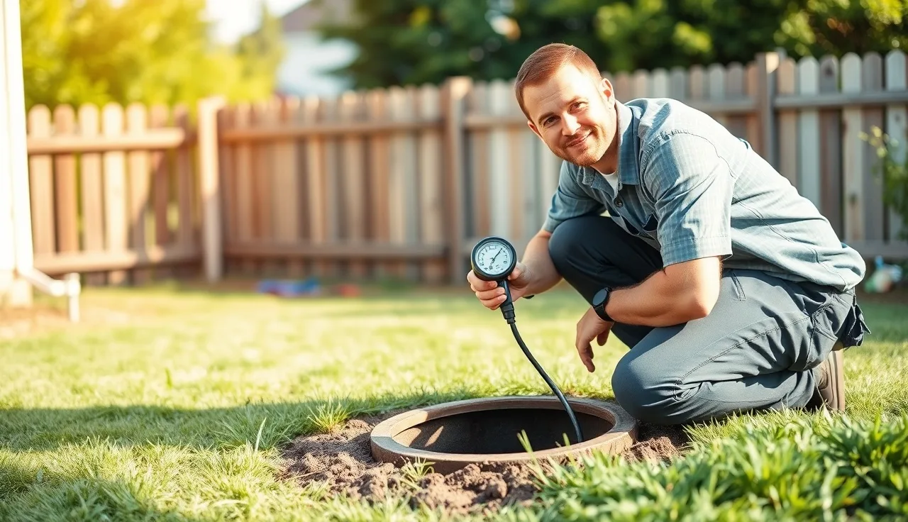 Technician inspecting open aerobic septic system riser with water quality meter in backyard