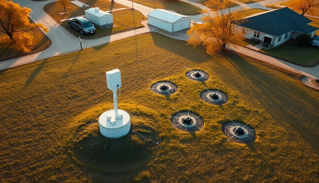 Aerial view of a residential aerobic septic system layout with spray heads and control panel in a rural yard