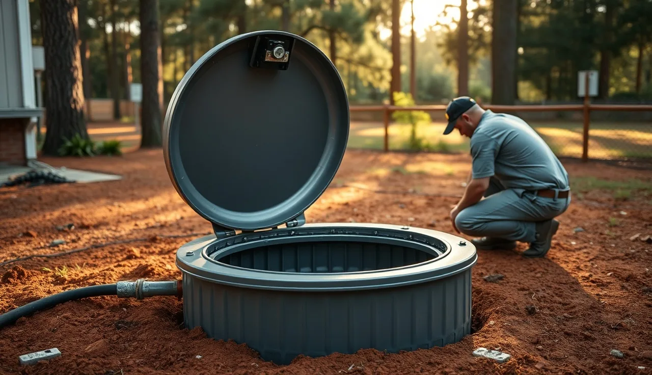 Technician inspecting aerobic septic system riser in a Conyers Georgia backyard