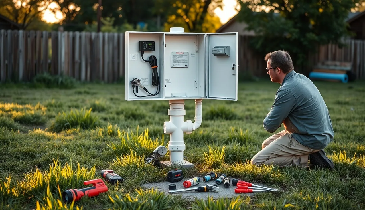 Technician inspecting an aerobic septic system control panel with red alarm light on