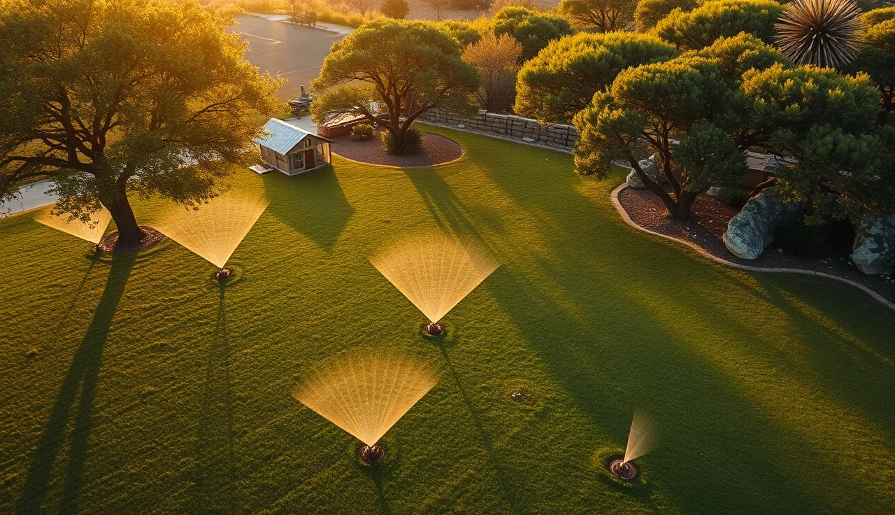 Aerobic septic spray heads misting water across a central Texas lawn with limestone outcroppings