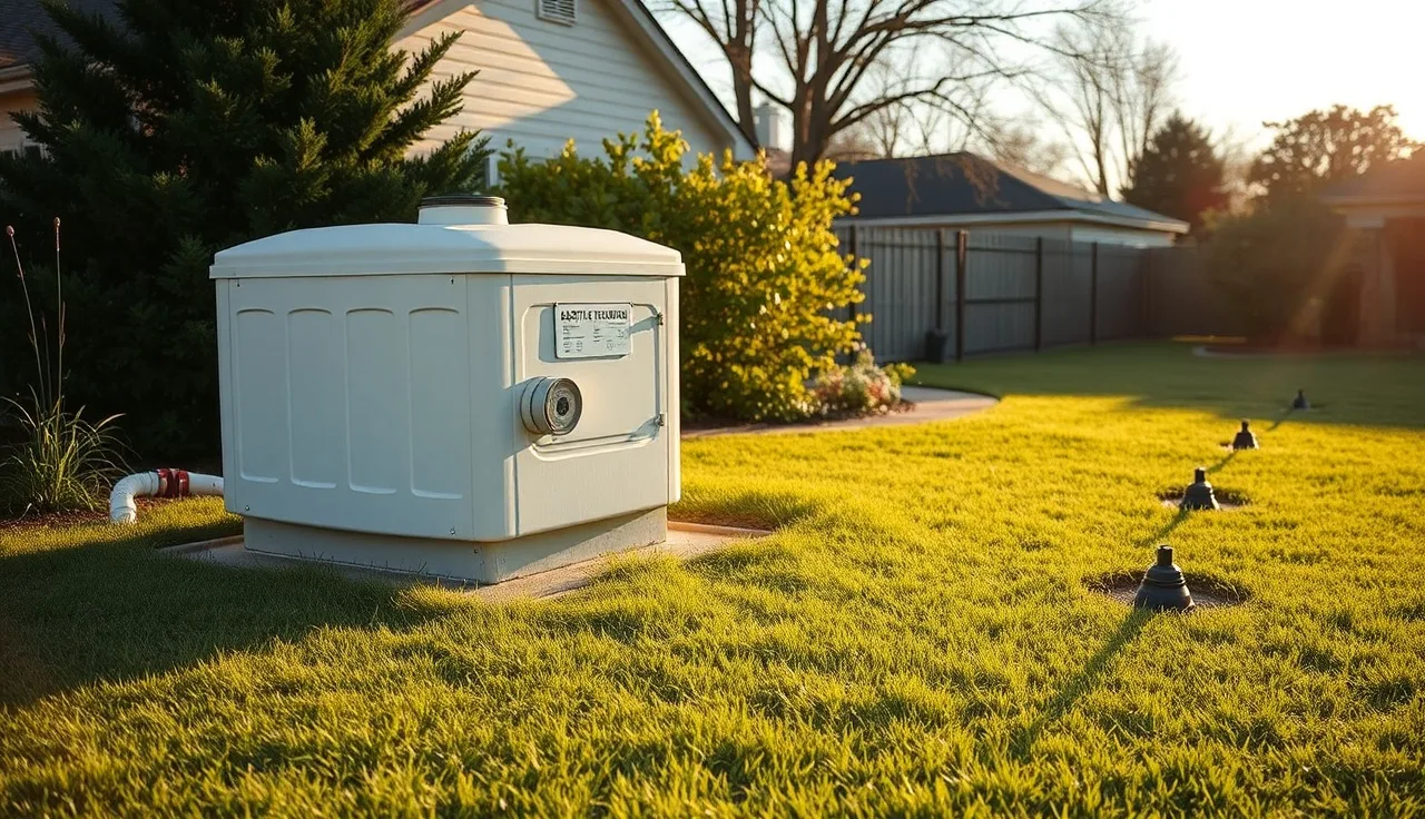 Aerobic septic system treatment unit installed in a Tulsa-area suburban backyard