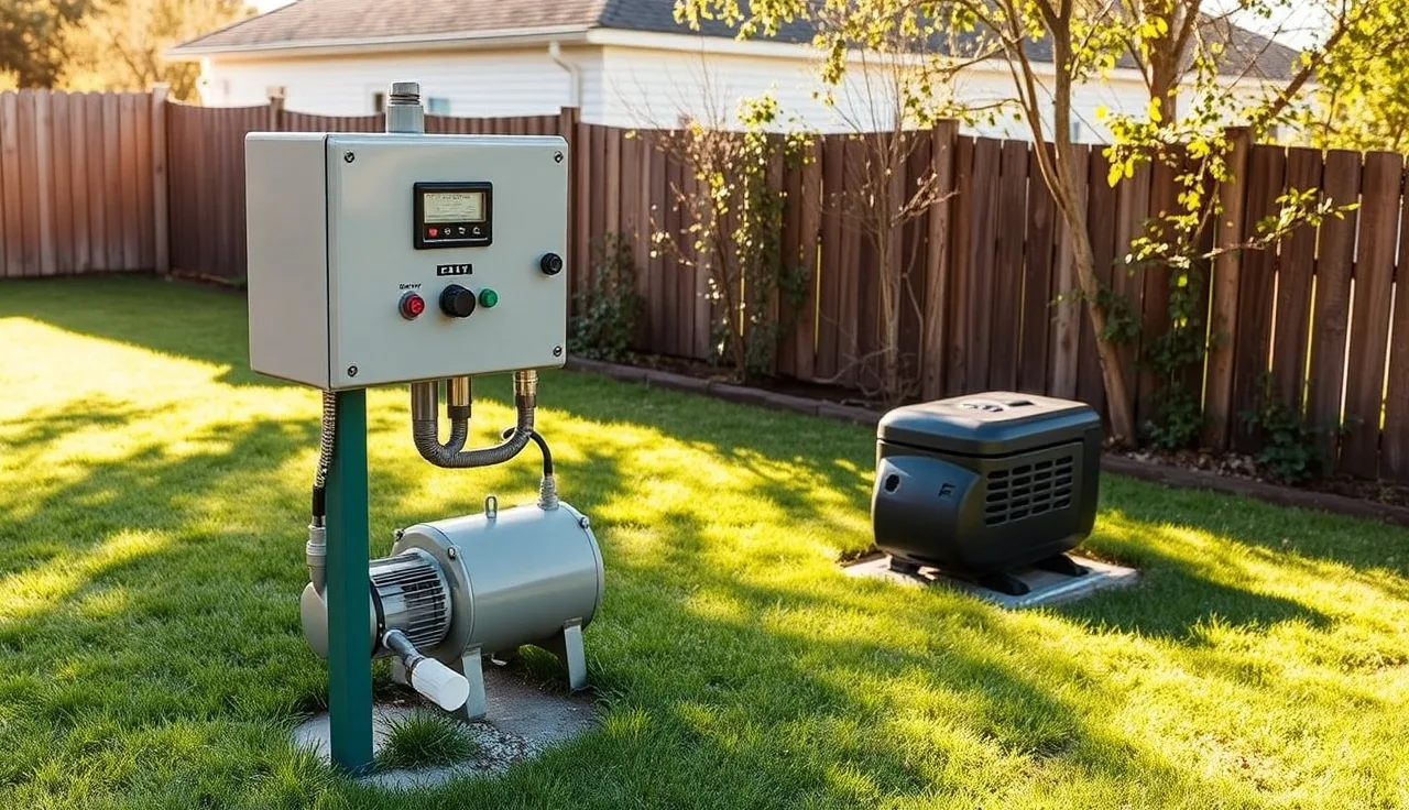 Aerobic septic system control panel and compressor housing in a residential backyard