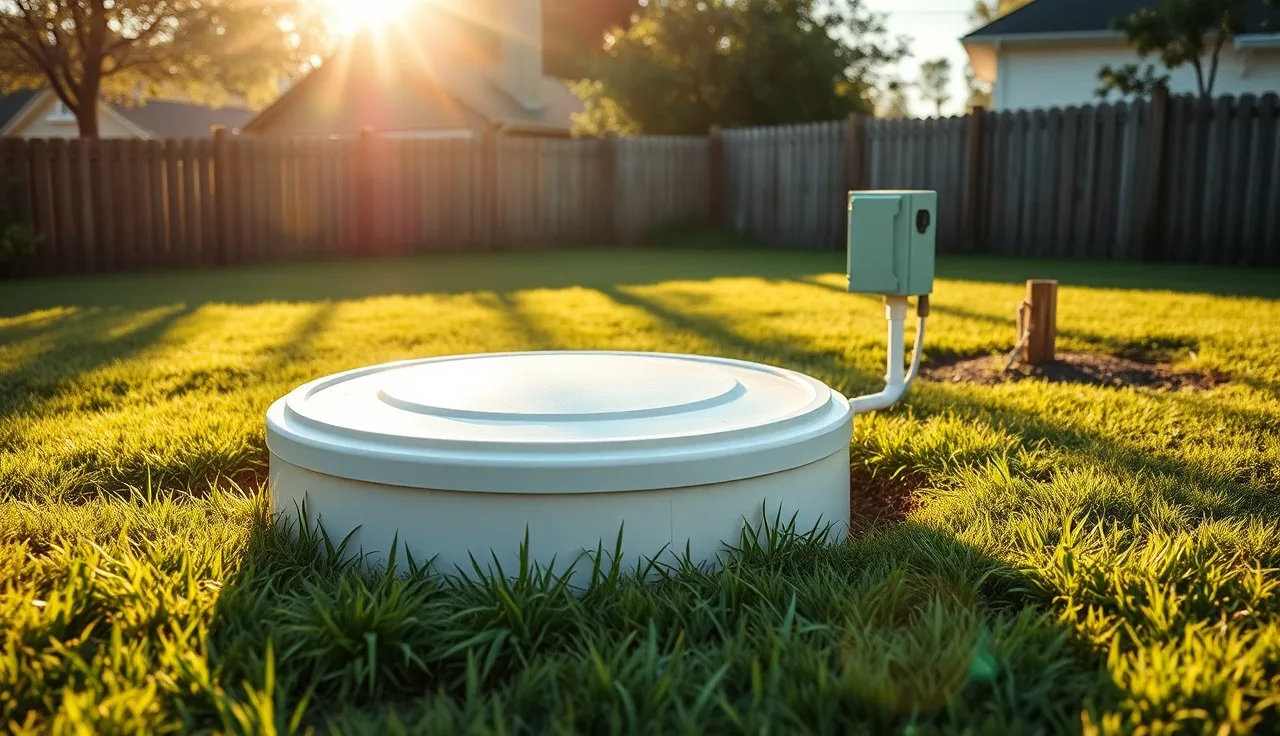 Aerobic treatment unit access lid and control panel in a residential backyard