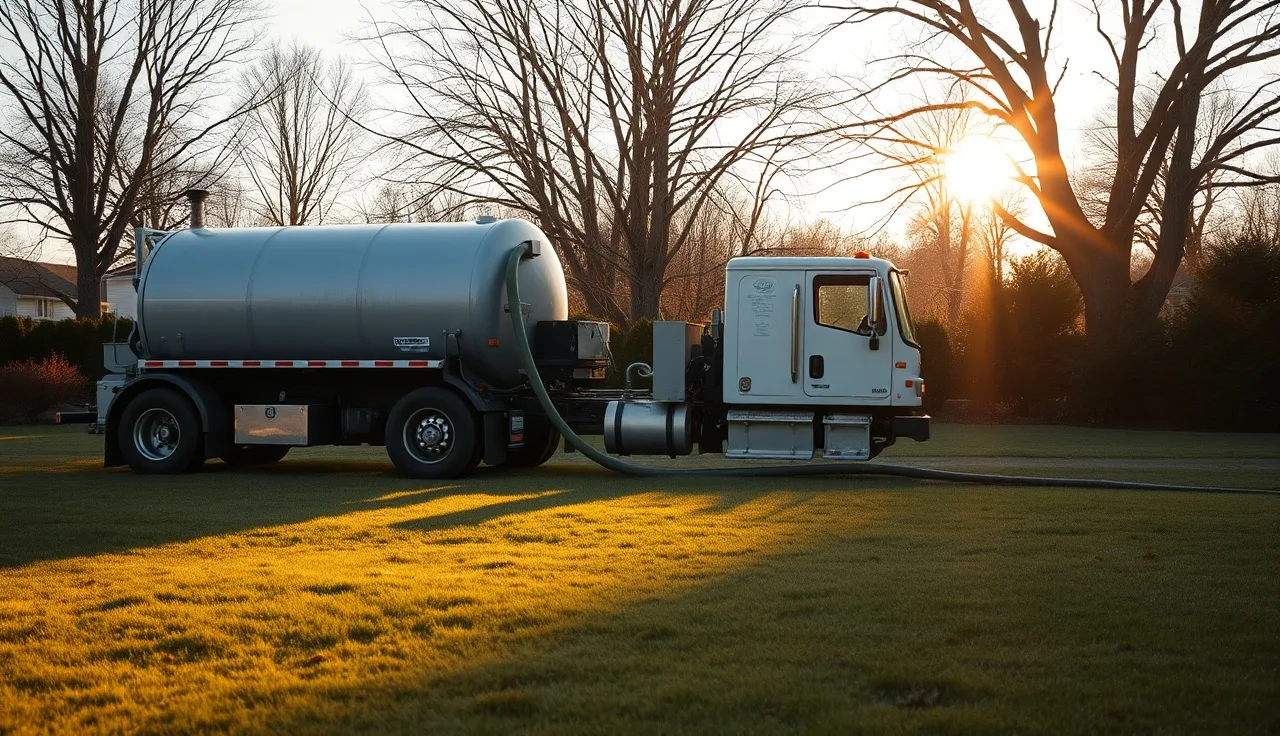 Septic pumping truck with hose connected to backyard tank access point on autumn morning
