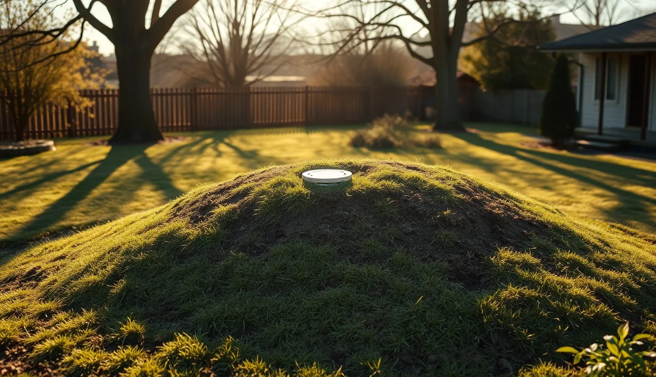 Grass-covered septic mound system in a rural backyard with inspection port visible