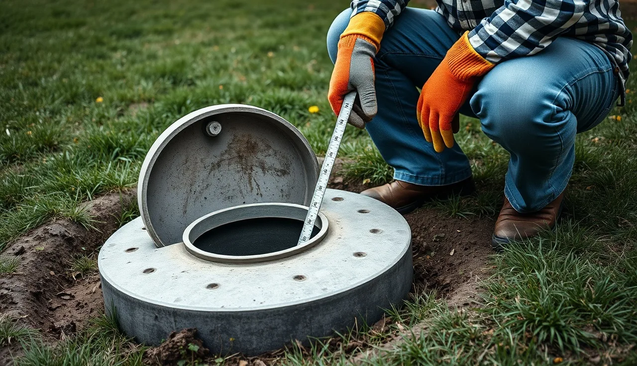 Homeowner checking septic tank with measuring rod in a backyard